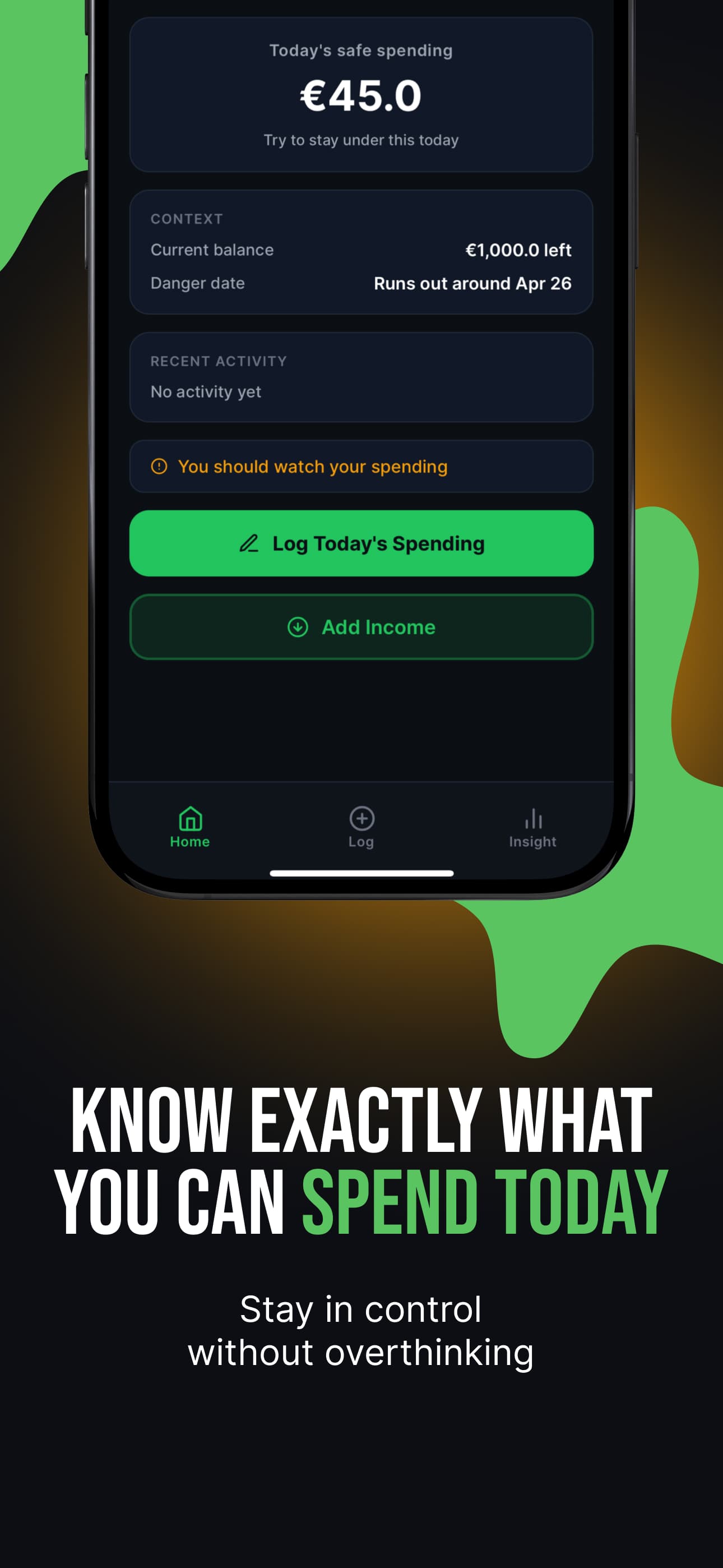 Runway home screen showing safe daily spending and runway status